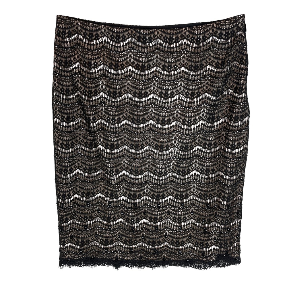 Ann Taylor Petite Black Lace Sheath Skirt Beaded Accent Knee Length 10P